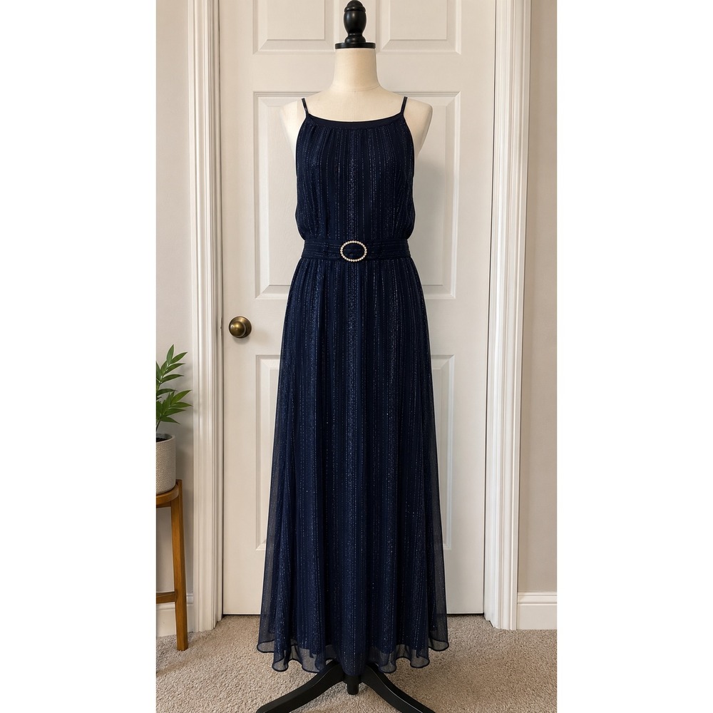 Alexa B Nites Womens Navy Blue Metallic Shimmer Pleated Halter Maxi Dress Small